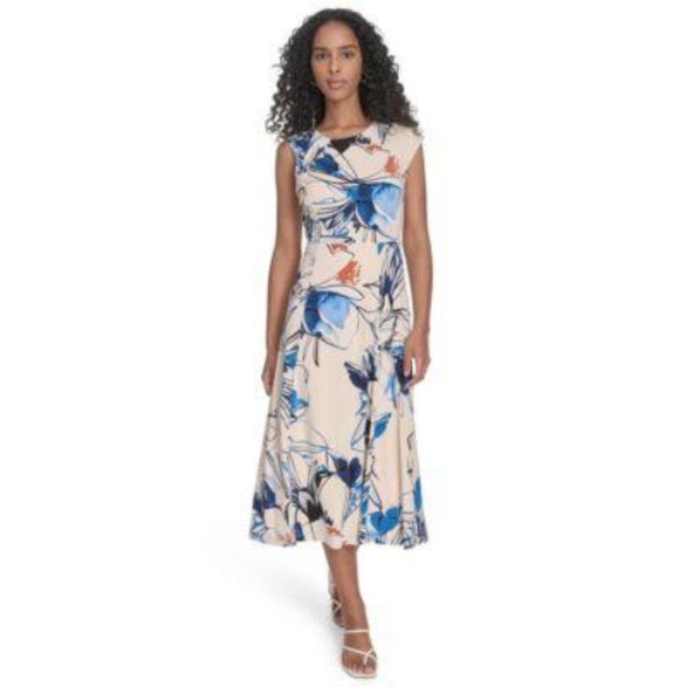 Calvin Klein Cream Multi Jersey Jewel Neck Event Formal Cocktail